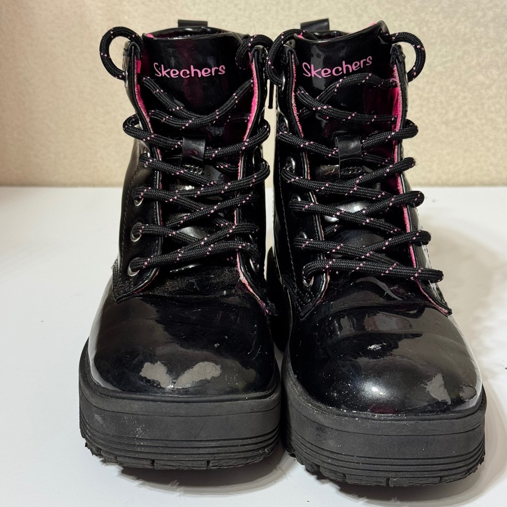 Skechers Girls Black Patent Combat Boots Size 13 Pink Trim Side Zip 303418L New